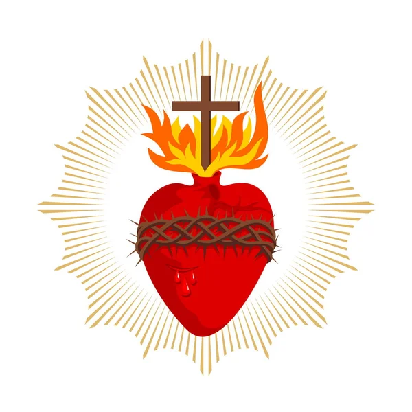 Sacred Heart Jesus Christ Lord Savior World Cross Flame Holy — Stock Vector