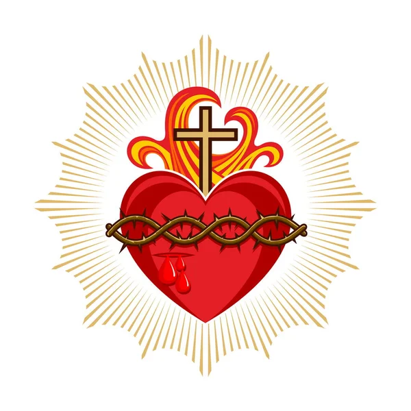 Sacred Heart Jesus Christ Lord Savior World Cross Flame Holy — Stock Vector