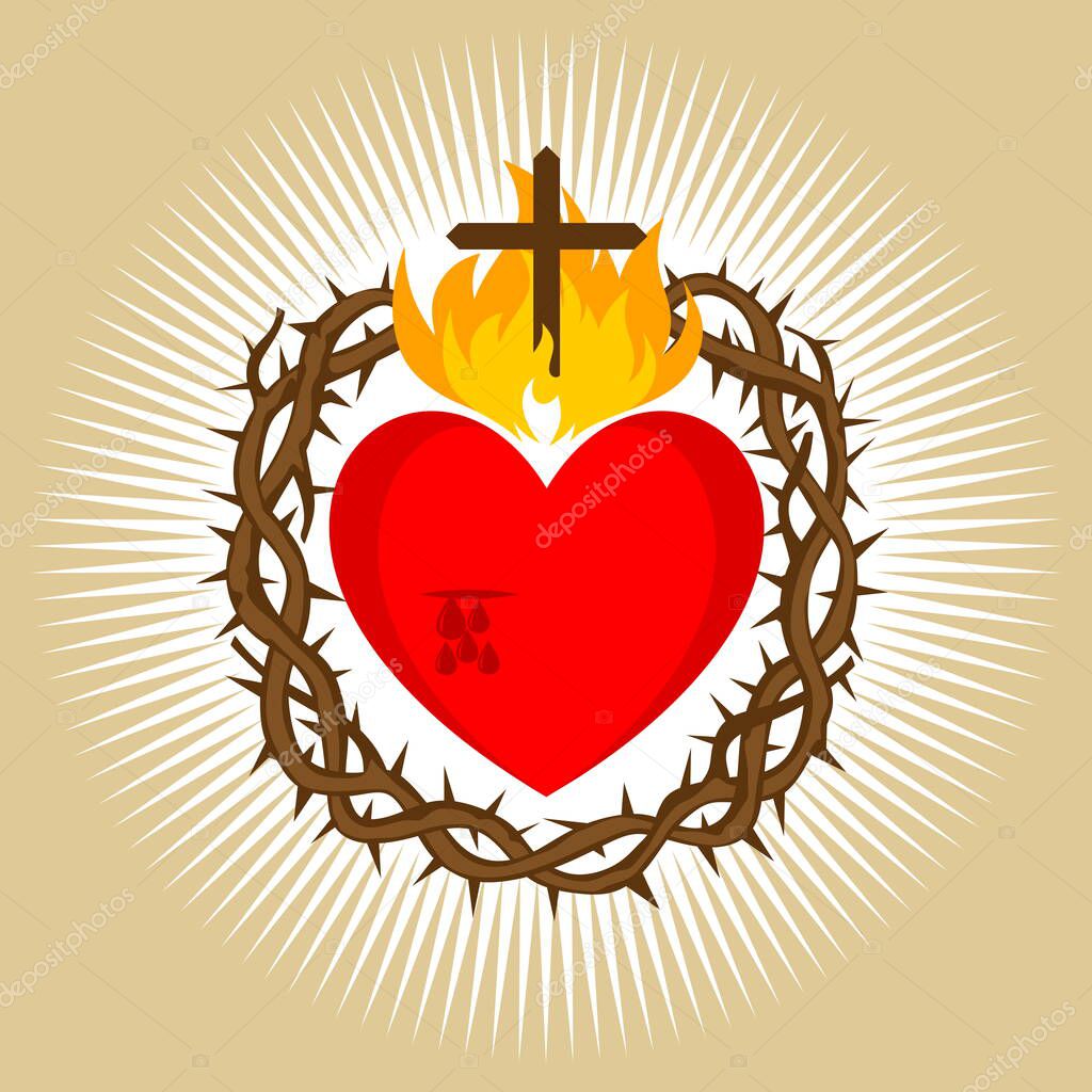 Sacred Heart of Jesus Christ, Lord and Savior of the world. Cross in the flame of the Holy Spirit, crown of thorns and holy blood.