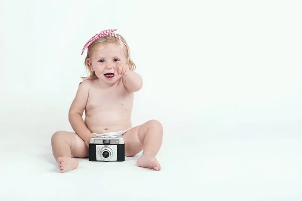 Funny Baby Girl Retro Camera White Background — Stock Photo, Image