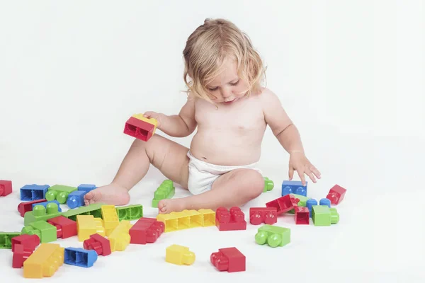 Baby Girl Playing Building Blocks White Background — Stock Photo, Image