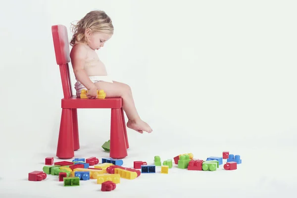 Sad Baby Girl Building Blocks White Background — Stock Photo, Image