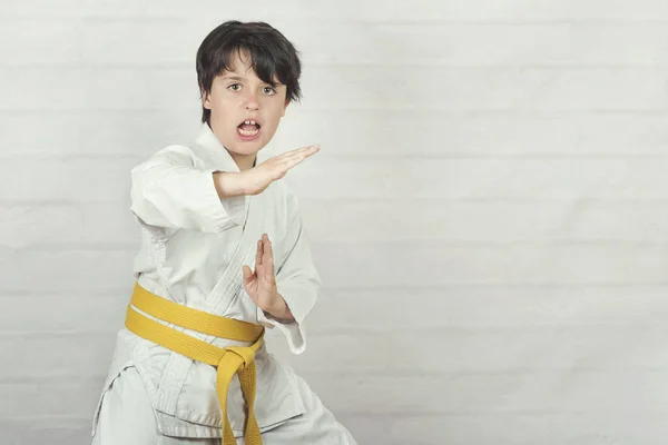 Barn i karate position — Stockfoto