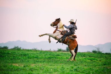Kovboy ve at ilk ışıkta, dağ, nehir ve doğal ışık arka planına sahip yaşam tarzı