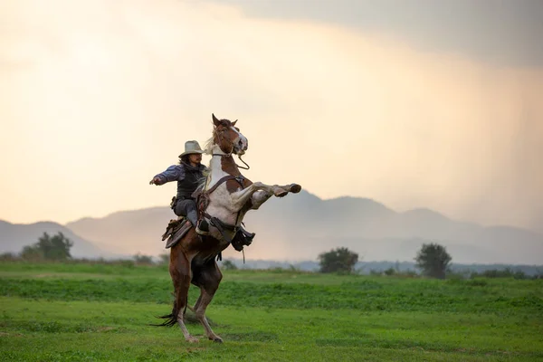 Cowboy Cavalo Primeira Luz Montanha Rio Estilo Vida Com Fundo — Fotografia de Stock