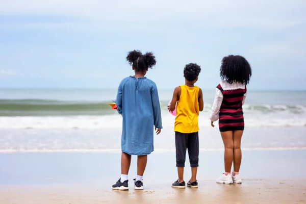 Kids Playing Running Sand Beach Group Children Holding Hands Row — Stock Photo, Image