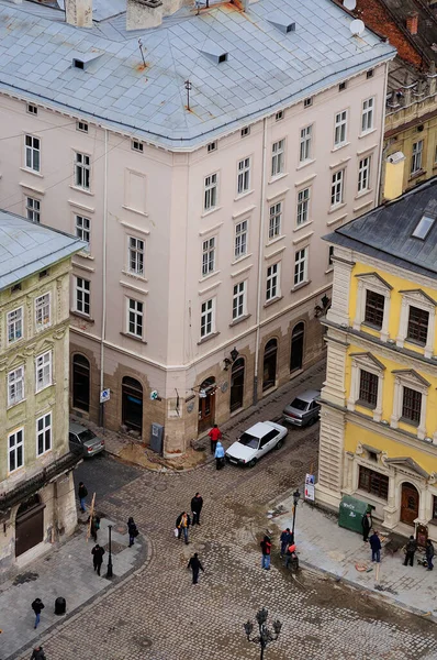 Edifícios Pessoas Caminhando Praça Rynok Centro Lvov Vista Superior Outubro — Fotografia de Stock