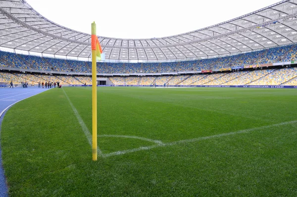 Vue Sur Stade Drapeau Angle Sur Terrain Football Stands Vides — Photo