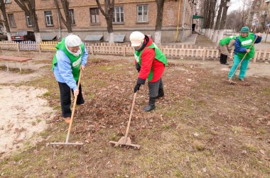 Belediye temizlikçileri parkı tırmık ve süpürgelerle temizliyor. 08 Ekim 2019. Kiev, Ukrayna