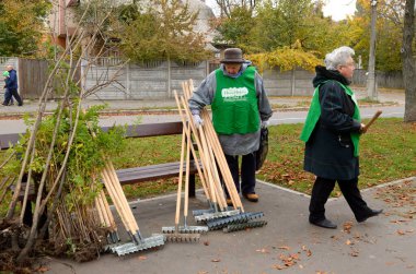 Temizlik parkları: kadın belediye temizlikçileri sıra sıra tırmıkların yanında duruyor. 21 Ekim 2017. Park Nivki. Kiev, Ukrayna