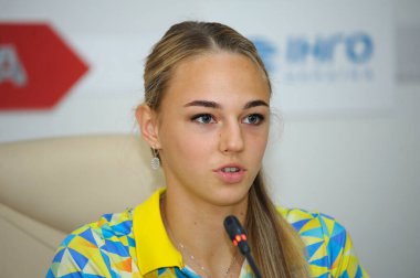 Daria Bilodid, Ukraynalı 2018 ve 2019 Dünya Altın Madalyası sahibi (judo) basın toplantısı düzenledi. 29 Ağustos 2019. Kiev, Ukrayna