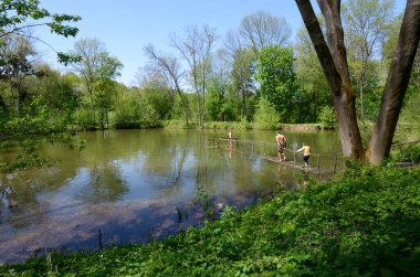 Orman göleti manzarası, insanlar yaya köprüsünde suya doğru koşuyorlar.