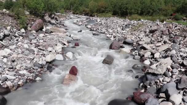 Большая Горная Река Течет Между Камнями Поток Течёт Эльбрусской Горы — стоковое видео