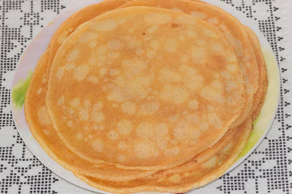 Plate Pancakes Patterned Towel Maslenitsa Shrovetide — Stock Photo, Image