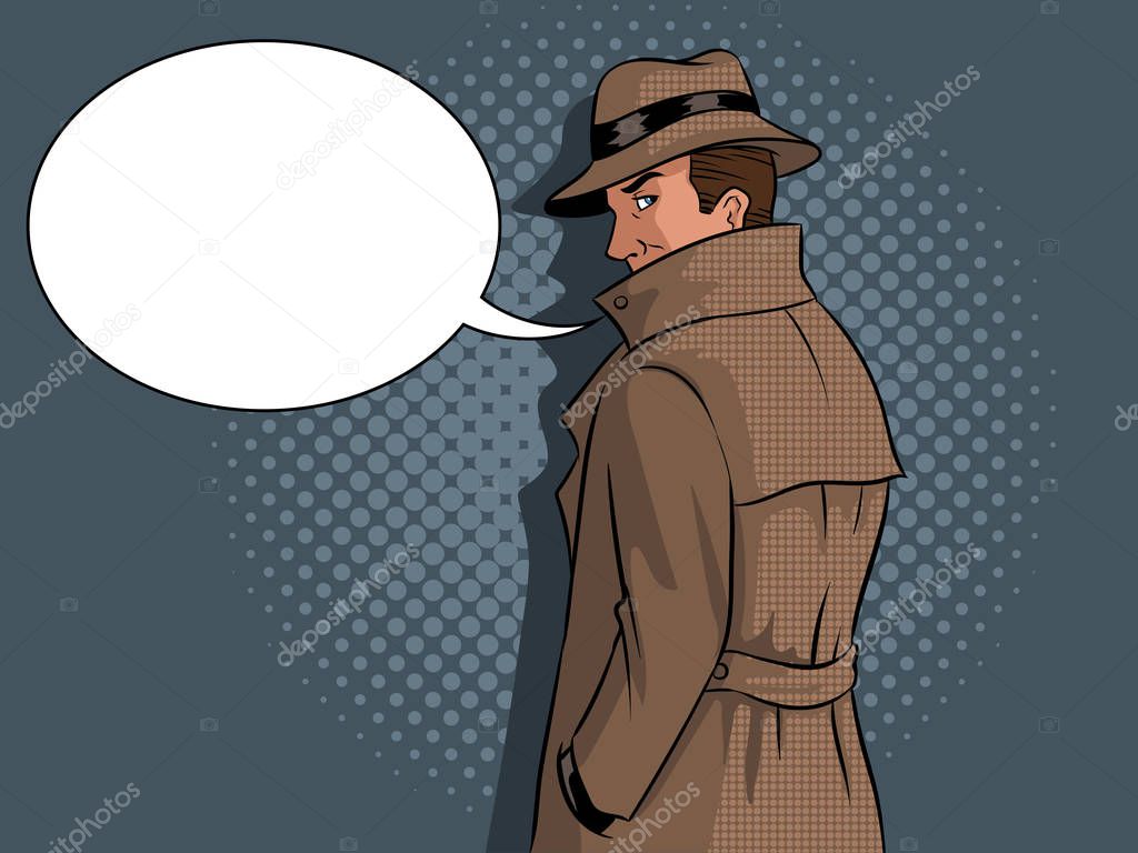 Spy in raincoat and hat pop art vector