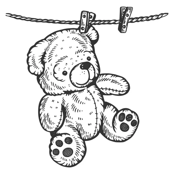 Teddy bear op touw gravure vectorillustratie — Stockvector