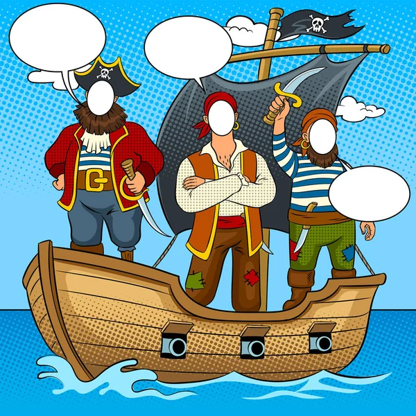 Piratas tantamarescos em barco pop arte vetor —  Vetores de Stock