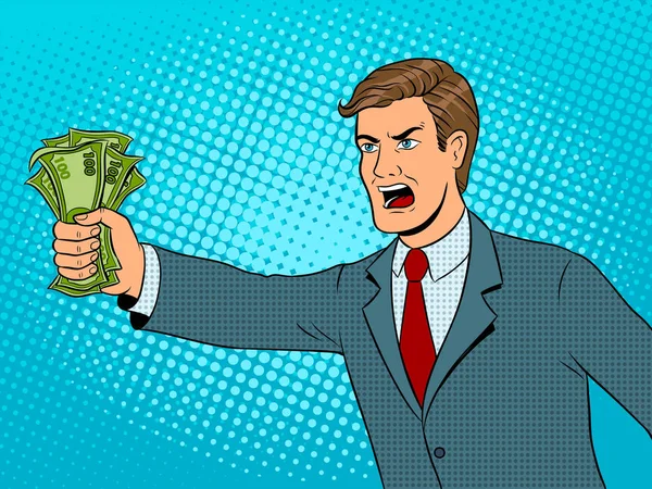 Gritando hombre y dinero arte pop vector ilustración — Vector de stock