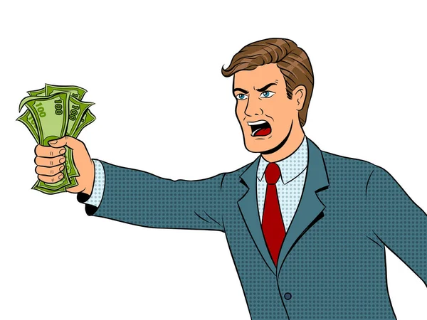 Gritando hombre y dinero arte pop vector ilustración — Vector de stock
