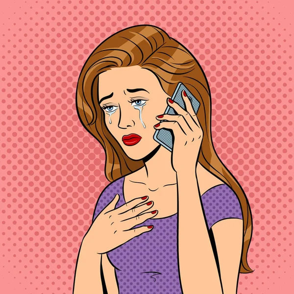 Chorando menina com telefone pop arte vetor — Vetor de Stock