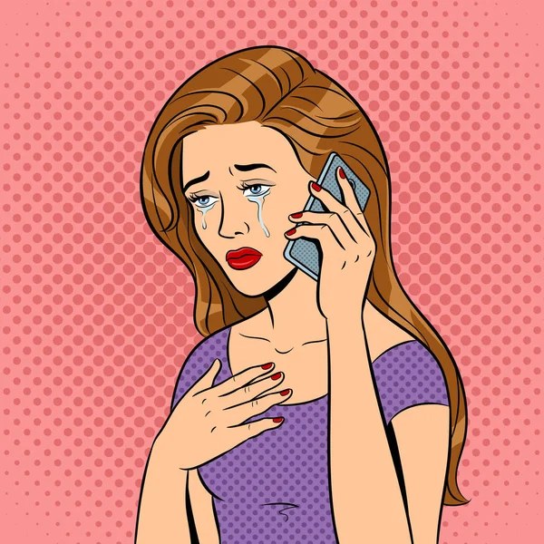 Crying girl with phone pop art vector — Stock Vector