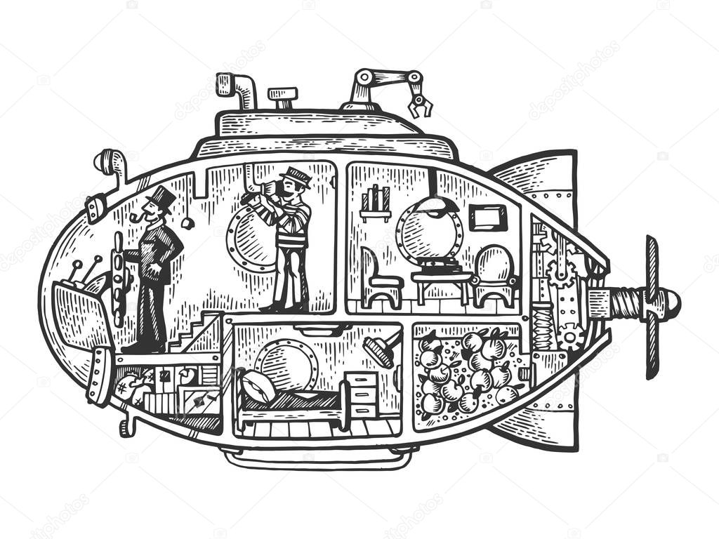Fantastic fabulous submarine engraving vector