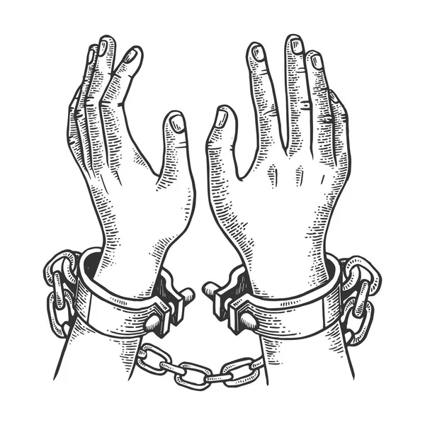 Hands in handcuffs engraving vector illustration — Stock Vector