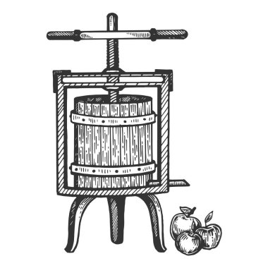 Apple elma suyu basın oyma vektör çizim. Yönetim Kurulu tarzı taklit kaşı. Siyah ve beyaz el çizilmiş resim.