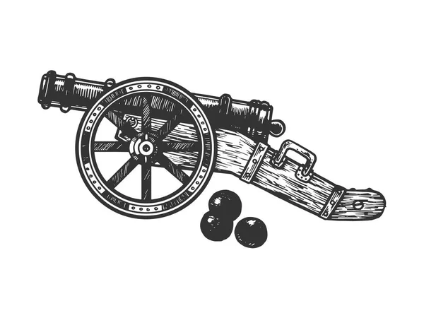 大砲と砲弾のベクター イラストを彫刻します。スクラッチ ボード スタイルの模倣。黒と白の手描き画像. — ストックベクタ