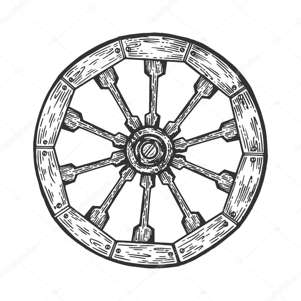 Cart old wooden wheel engraving vector illustration. Scratch board style imitation. Black and white hand drawn image.