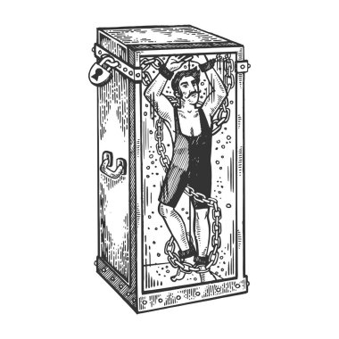 Sirk hile pranga ve vektör çizim oyma akvaryum. Yönetim Kurulu tarzı taklit kaşı. Siyah ve beyaz el çizilmiş resim.