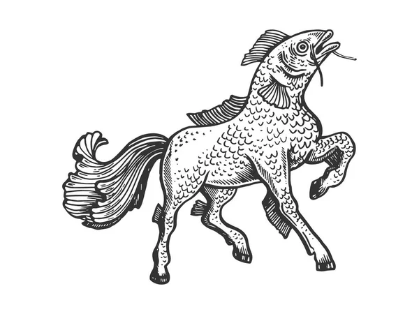 Fantástico fabuloso caballo de pescado animal grabado vector ilustración. Scratch board estilo imitación. Imagen dibujada a mano en blanco y negro . — Vector de stock
