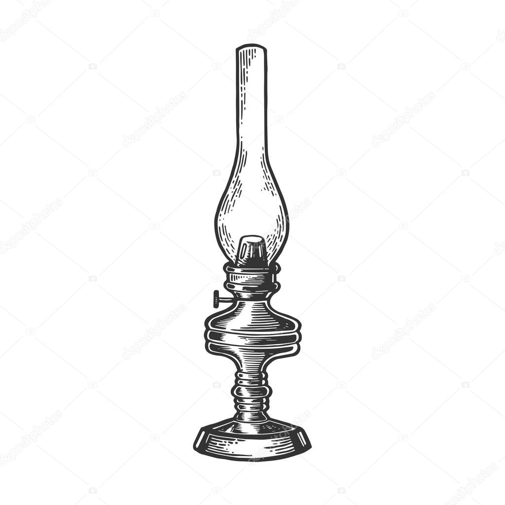 Kerosene lamp candle engraving vector illustration. Scratch board style imitation. Black and white hand drawn image.