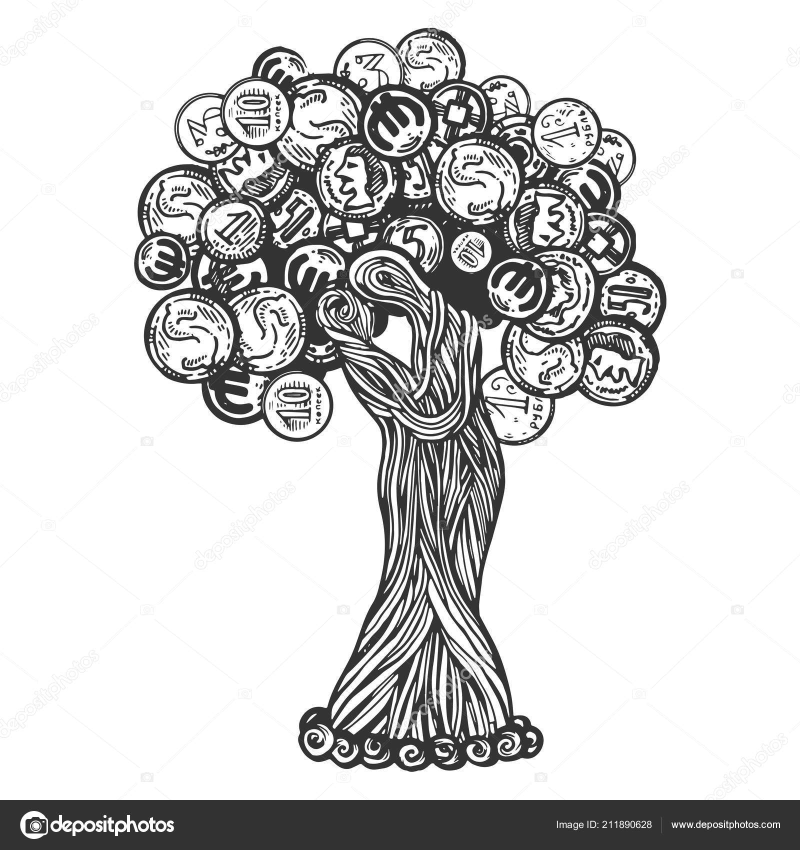Baum mit Münzen, die Vektorillustration gravieren. Scratch-Board-Imitat.  Handgezeichnetes Schwarz-Weiß-Bild. Stock-Vektorbild von ©AlexanderPokusay  211890628, image size:1600x1700