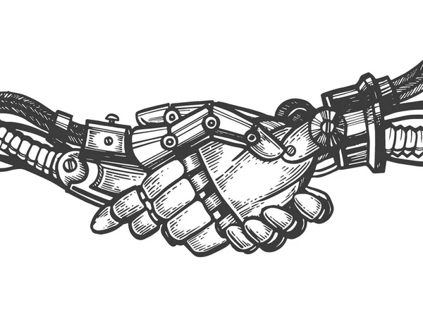 Mecânica humana robô handshake gravura vetor ilustração. Imitação de estilo Scratch board. Imagem desenhada à mão preto e branco . —  Vetores de Stock