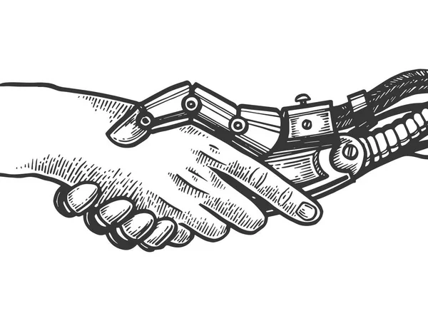 Mecânica humana robô handshake gravura vetor ilustração. Imitação de estilo Scratch board. Imagem desenhada à mão preto e branco . —  Vetores de Stock