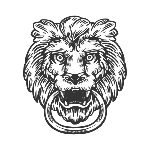 狮子动物环门手柄旋钮雕刻矢量插图。刮板风格模仿。黑白手绘图像. — 图库矢量图片