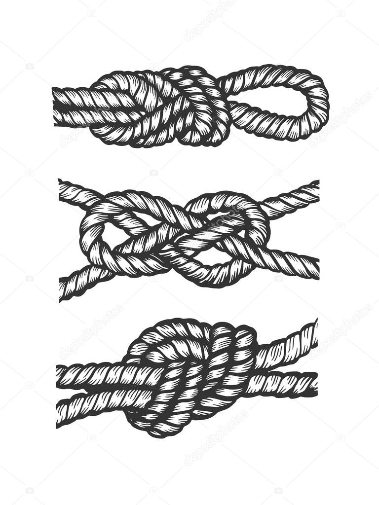 Marine nautical knot engraving vector illustration. Scratch board style imitation. Black and white hand drawn image.