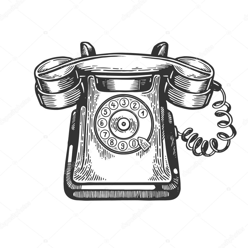 Old rotary dial phone engraving vector illustration. Scratch board style imitation. Black and white hand drawn image.