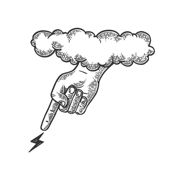 Mão de Deus envia raios do céu nuvem gravura vetor ilustração. Imitação de estilo Scratch board. Imagem desenhada à mão preto e branco . —  Vetores de Stock