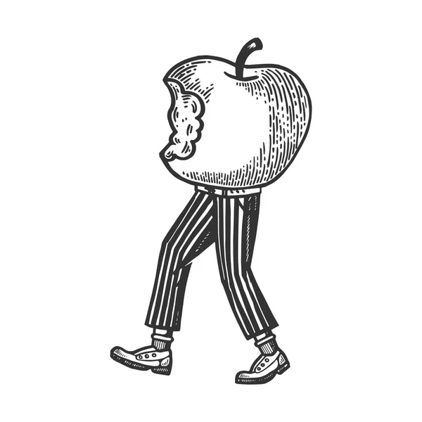 Pomme mordue marche sur ses pieds gravure vectorielle illustration. Imitation de style scratch board. Image dessinée à la main noir et blanc . — Image vectorielle