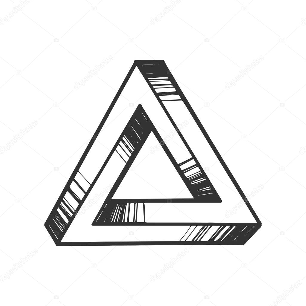 Penrose impossible tribar triangle engraving vector illustration. Scratch board style imitation. Black and white hand drawn image.