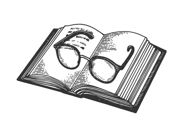 Glasses on book engraving vector illustration. Scratch board style imitation. Black and white hand drawn image. — Stock Vector