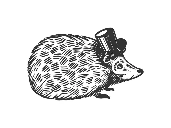 Hedgehog animal em cilindro top chapéu gravura vetor ilustração. Imitação de estilo Scratch board. Imagem desenhada à mão preto e branco . —  Vetores de Stock