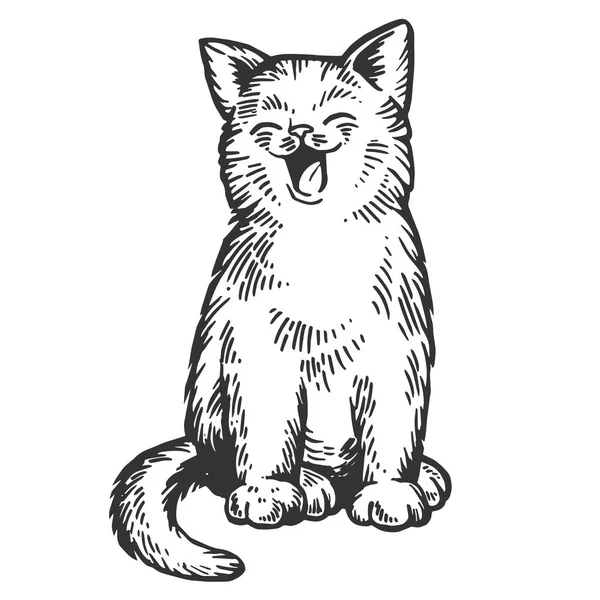 Tátongó macska gravírozás vektoros illusztráció. Scratch fórumon stílus utánzása. Fekete-fehér kézzel rajzolt kép. — Stock Vector