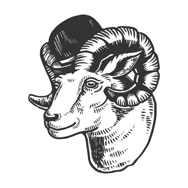 Ram animale in bombetta cappello incisione vettoriale illustrazione. Imitazione in stile gratta e vinci. Immagine disegnata a mano in bianco e nero . — Vettoriale Stock