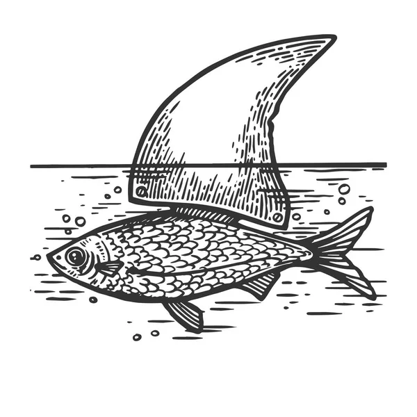 Pesce con pinna artificiale di squalo animale marino incisione vettoriale illustrazione. Imitazione in stile gratta e vinci. Immagine disegnata a mano in bianco e nero . — Vettoriale Stock