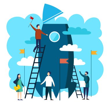 Uzay roketi oluşturmak yoluyla kişilik ekip çalışması. İş başarı metafor minimalist düz tarzı. Çizgi film vektör çizim