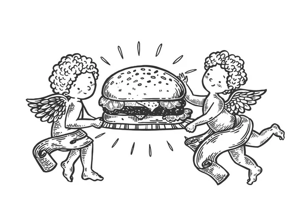 Ängel med Hamburger gravyr vektorillustration. Repa styrelsen stil imitation. Svart och vitt handen ritade bilden. — Stock vektor