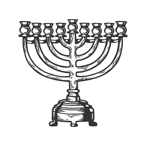 Menorah Hanukkah castiçal candelabro com vários braços gravura vetor ilustração. Imitação de estilo Scratch board. Imagem desenhada à mão preto e branco . — Vetor de Stock